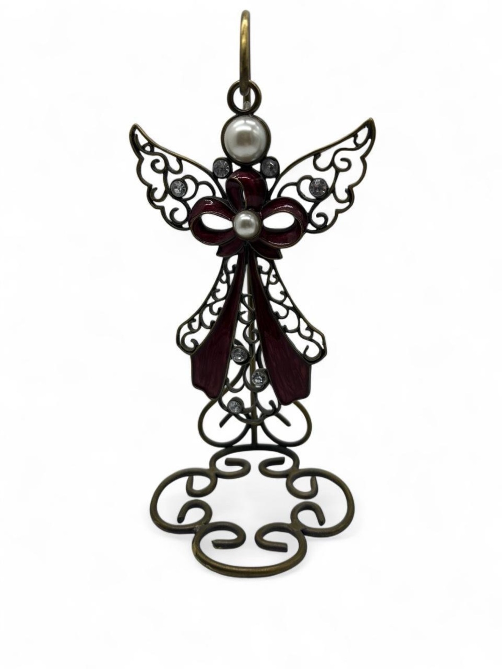 Decorative Metal Angel Wings Accent with Burgundy Bow and Pearl